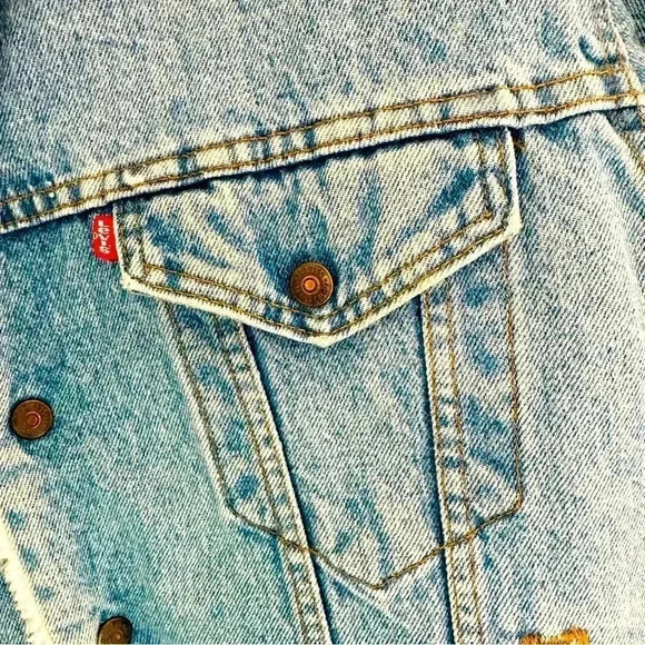 Vintage Unisex Levi’s Sherpa Jacket Raw Denim W Harley Davidson Patch - Picture 3 of 12